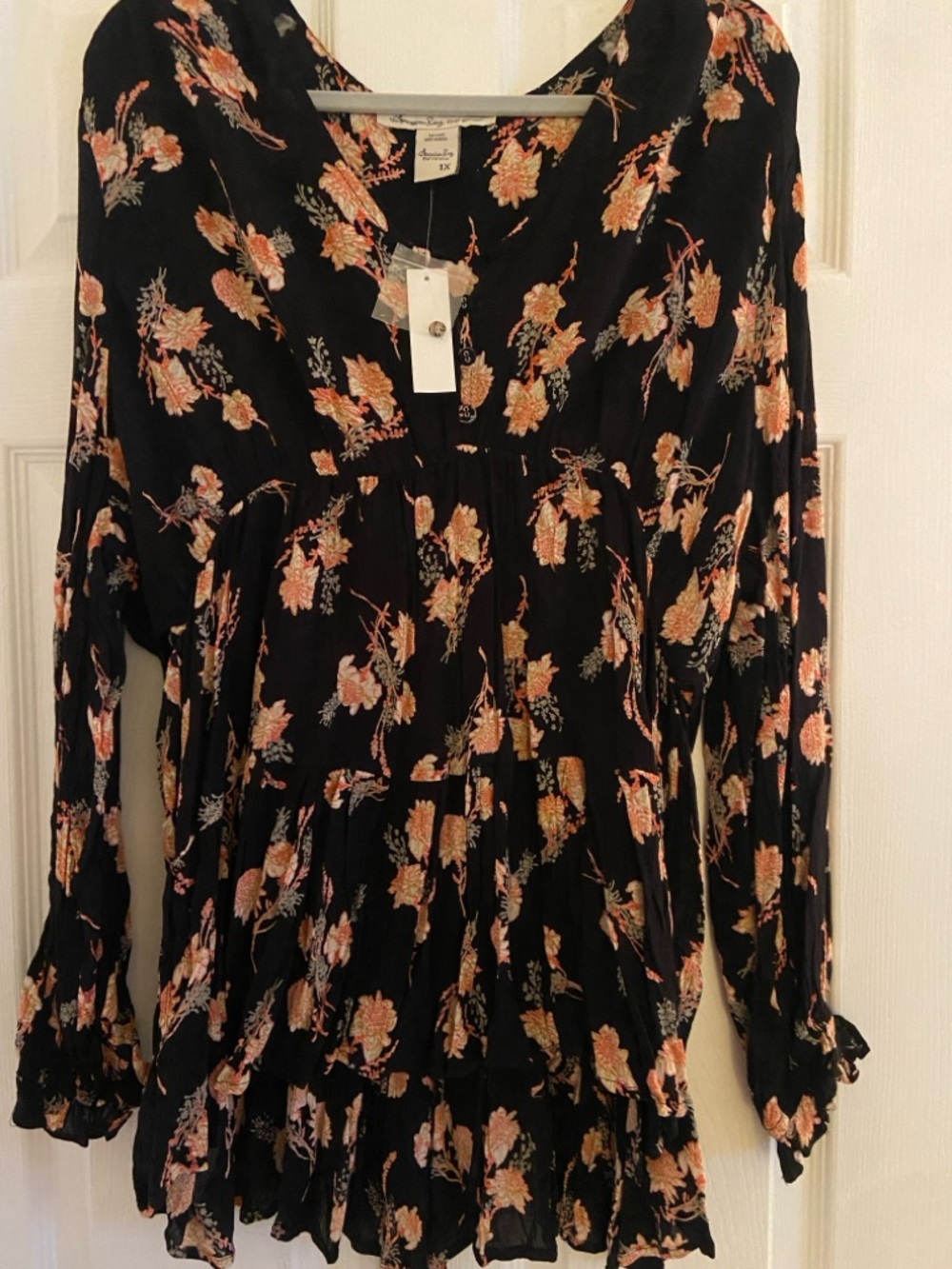 American Rag Black Floral Peasant Tunic with Peach Accents